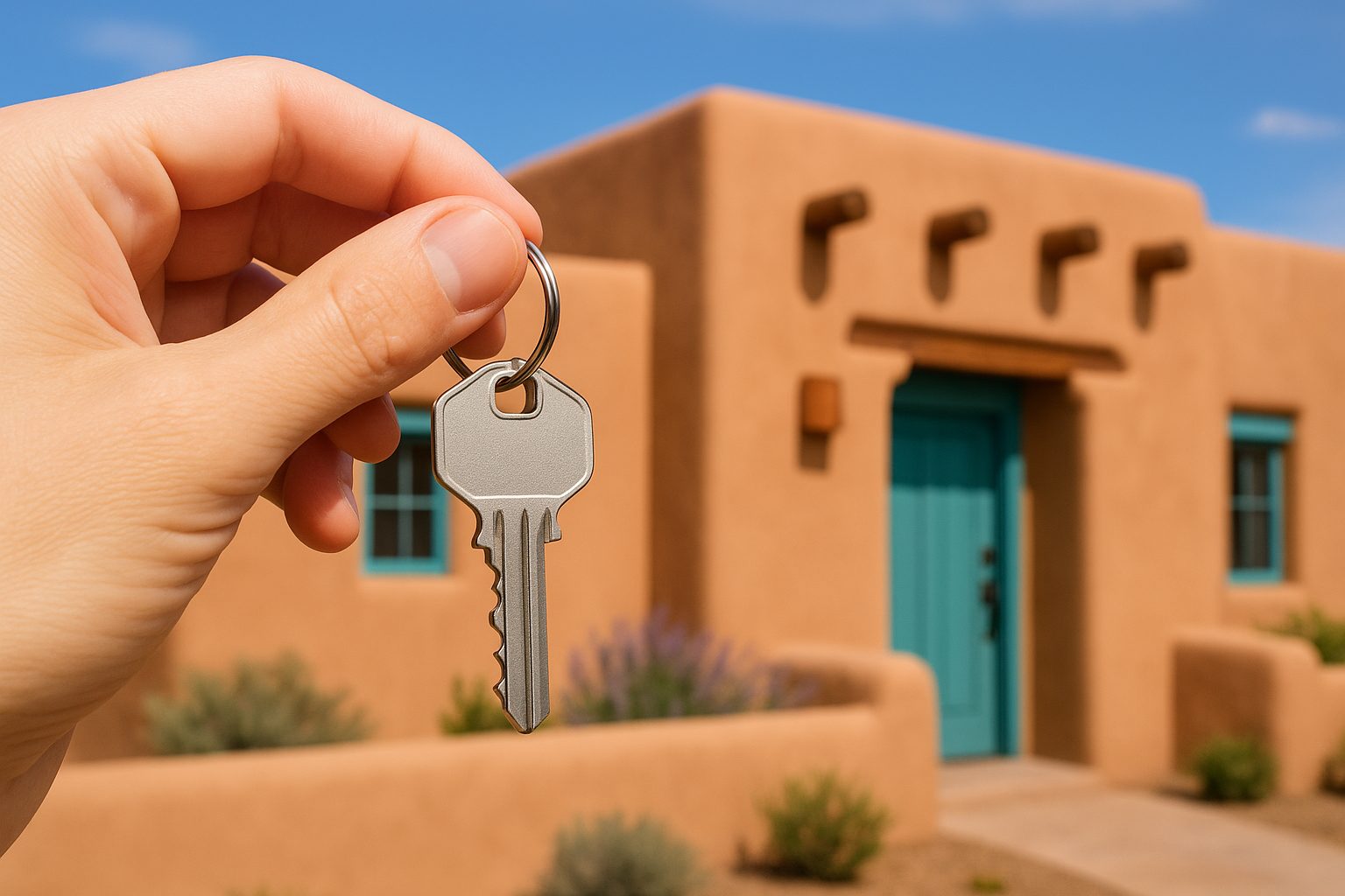 Adobe-style home with keys for first-time homebuyers in New Mexico